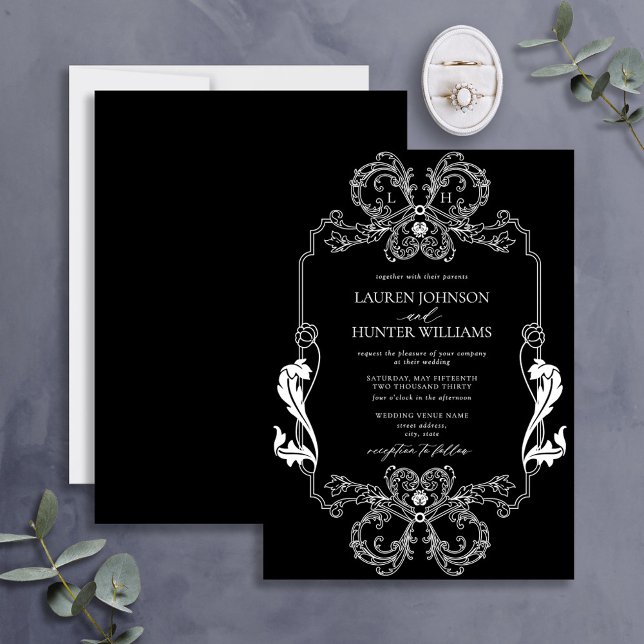 Invitation Ornat Black Floral Line Art Monogramme Mariage (Créateur téléchargé)