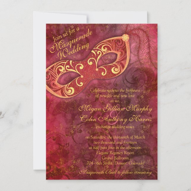 Invitation Ornat Bourgogne Gold Masquerade Mariage de bal (Devant)