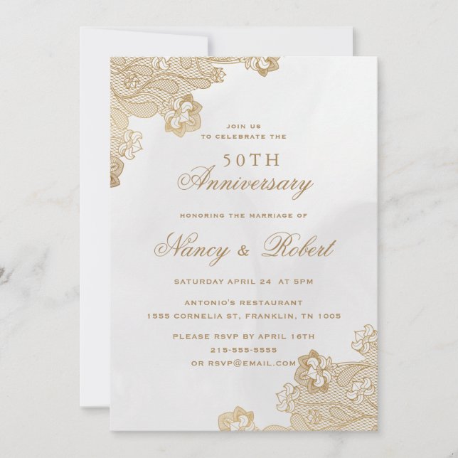 Invitation Ornat de dentelle d'or 50e anniversaire de Mariage (Devant)