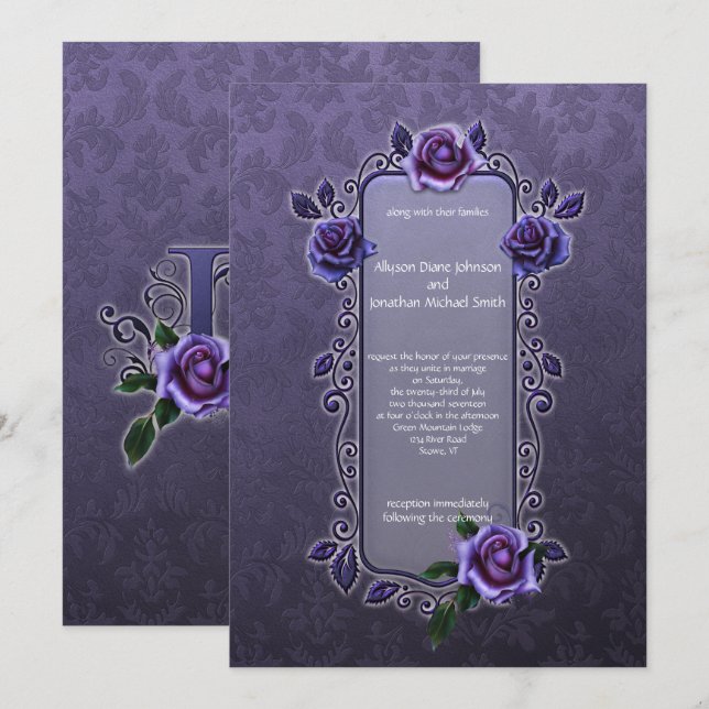 Invitation Ornat Goth foncé violet Rose Mariage | (Devant / Derrière)