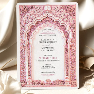 Invitation Ornat Mariage indien romantique en fibre rose
