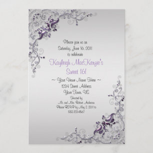 Invitation Ornat Purple Silver Swirls sur Silver Sweet 16