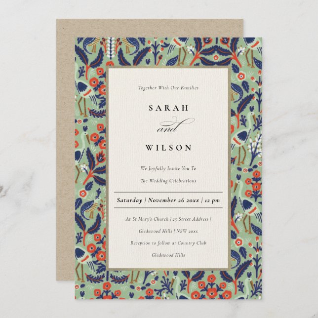 Invitation Ornat Turquoise Classy Floral Peacock Mariage (Devant / Derrière)