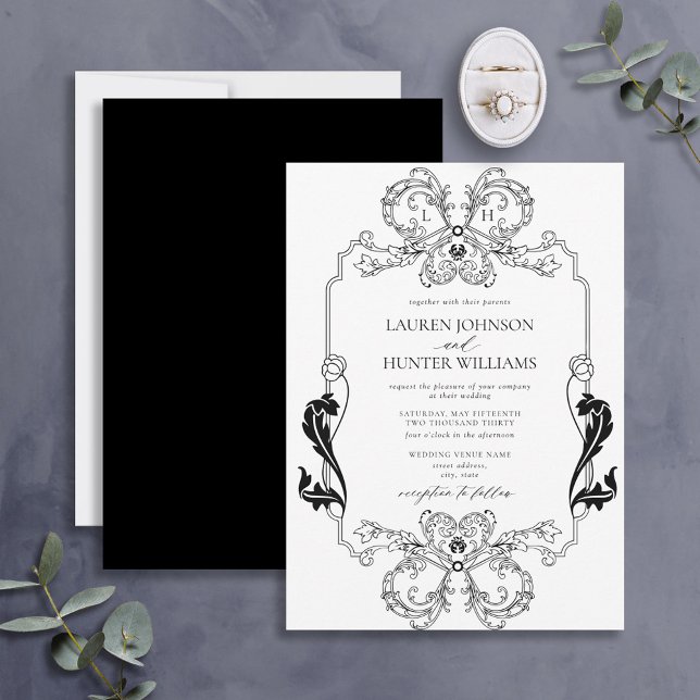 Invitation Ornate Black Floral Line Art Monogram Wedding (Créateur téléchargé)