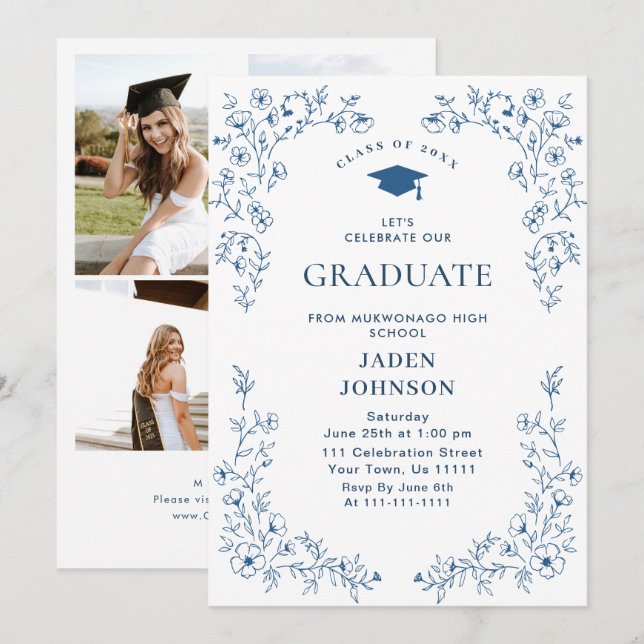 Invitation Ornate Blue Floral Grace 4 Photo Graduation Party (Devant / Derrière)