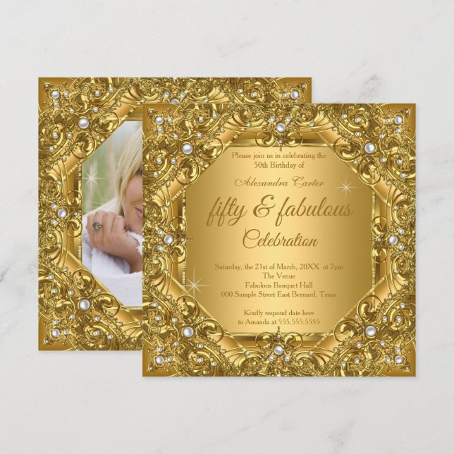 Invitation Ornate Fabulous 50th Photo Gold sur Gold Party (Devant / Derrière)