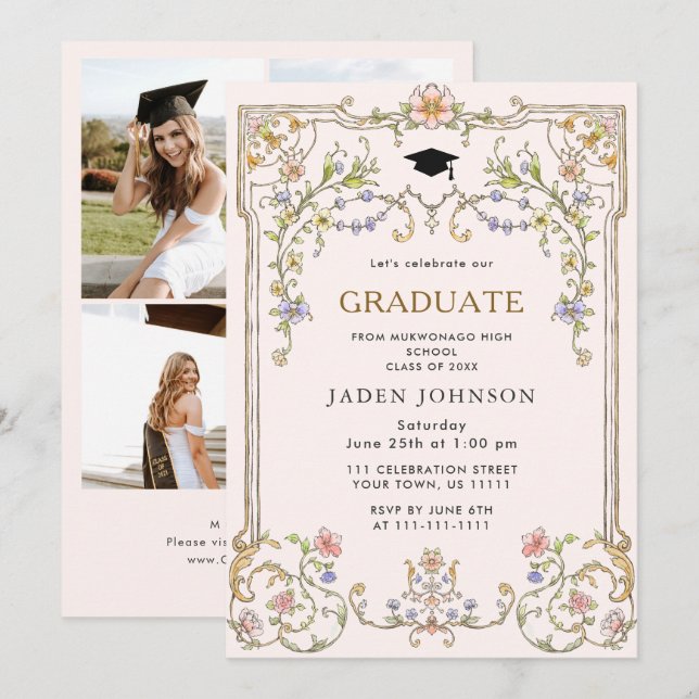 Invitation Ornate Floral Grace Boho 4 Photo Graduation Party (Devant / Derrière)