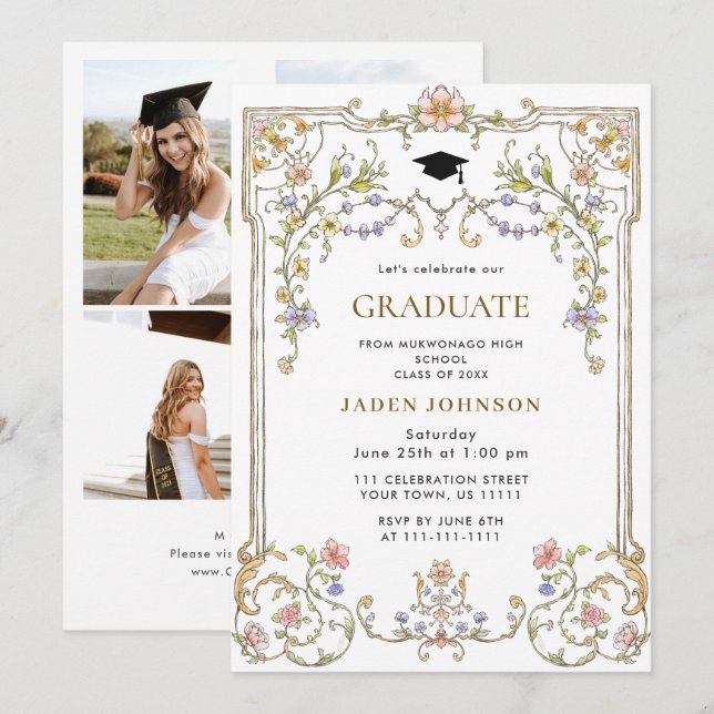 Invitation Ornate Floral Grace Boho 4 Photo Graduation Party (Devant / Derrière)