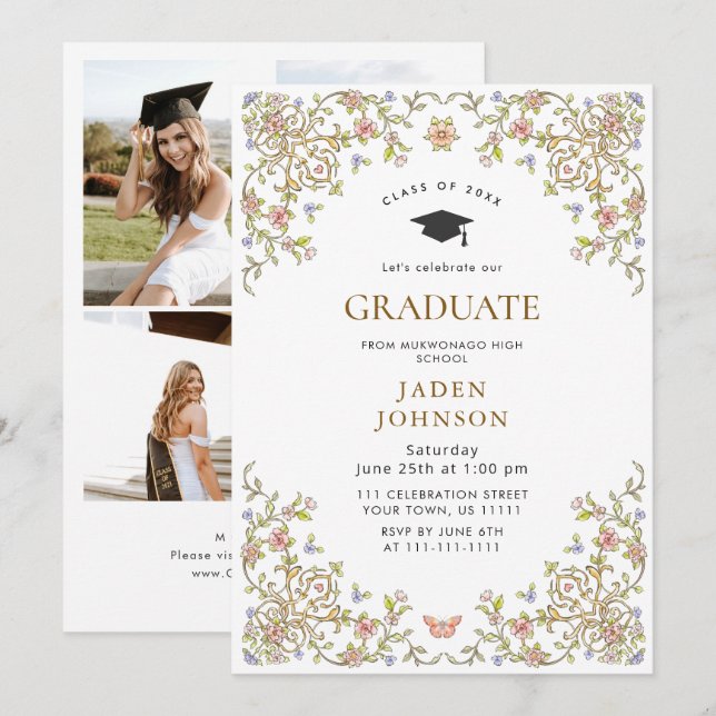 Invitation Ornate Floral Grace Boho 4 Photo Graduation Party (Devant / Derrière)