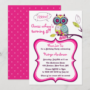 Invitation Ornate Floral Owl Hot rose Anniversaire de enfant