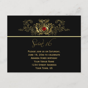 Invitation Ornate Gold Black Swirls Red Ruby Jewel Sweet 16