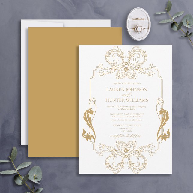 Invitation Ornate Gold Floral Line Art Monogram Wedding (Créateur téléchargé)