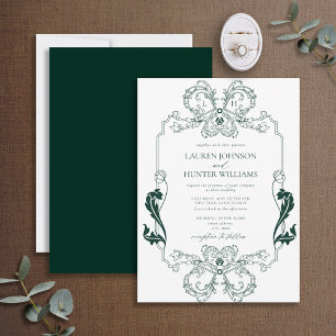 Invitation Ornate Green Floral Line Art Monogram Wedding