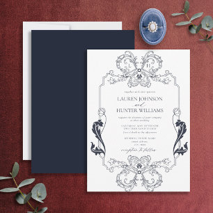 Invitation Ornate Navy Blue Floral Line Art Monogram Wedding