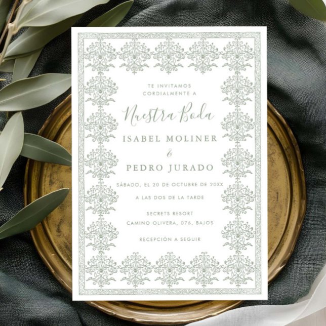 Invitation Ornate Romantic Sage Green Nuestra Boda Wedding (Créateur téléchargé)