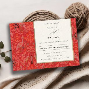 Invitation Ornate Rouge Classé Floral Peacock Motif Mariage
