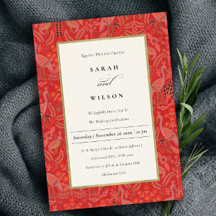Invitation Ornate Rouge Classé Floral Peacock Motif Mariage