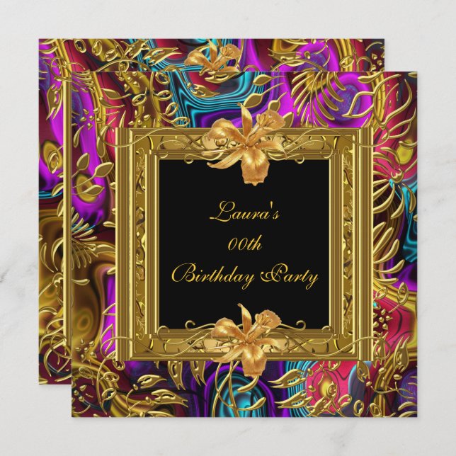 Invitation Orné couleur or noir Damas fête d'anniversaire (Devant / Derrière)