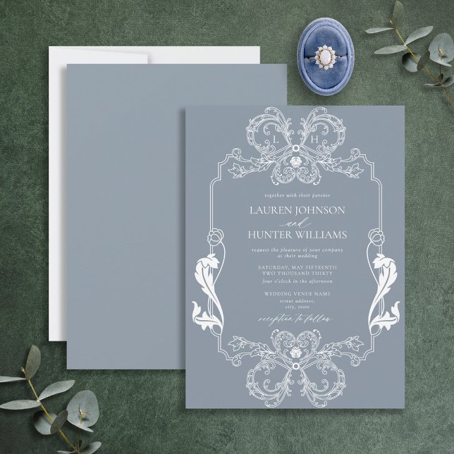 Invitation Orné Dusty Blue Floral Line Art Monogramme Mariage (Créateur téléchargé)