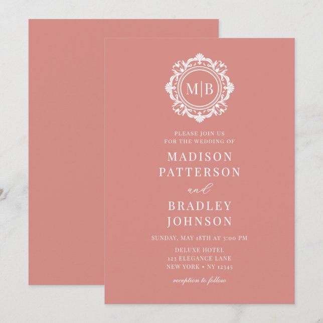 Invitation Orné Floral Monogramme Mariage Élégant Rose Or (Devant / Derrière)