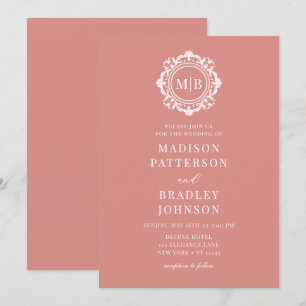 Invitation Orné Floral Monogramme Mariage Élégant Rose Or