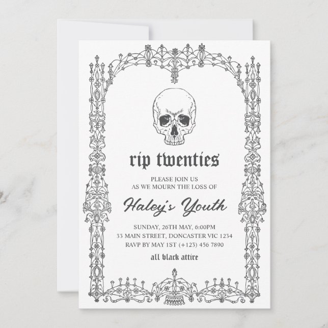Invitation Orné Noir Blanc RIP Twenties 20s 30e Anniversaire (Devant)
