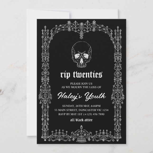 Invitation Orné Noir Blanc RIP Twenties 20s 30e Anniversaire (Devant)