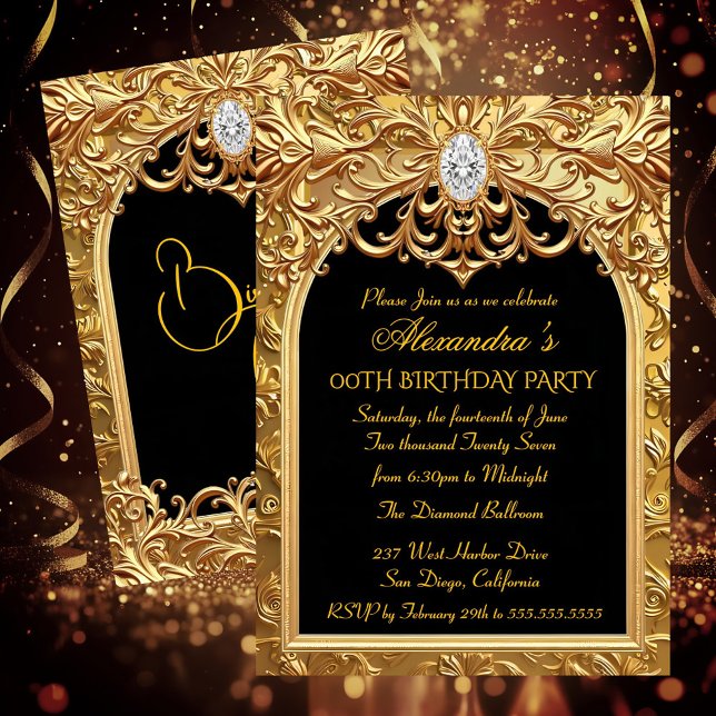 Invitation Orné Or Élégant Fête d'Anniversaire Diamants (Créateur téléchargé)