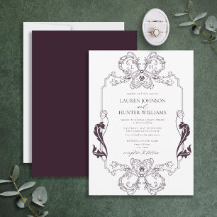 Invitation Orné Violet Floral Line Art Monogramme Mariage