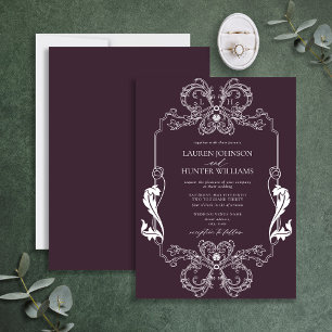 Invitation Orné Violet Floral Line Art Monogramme Mariage