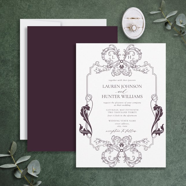 Invitation Orné Violet Floral Line Art Monogramme Mariage (Créateur téléchargé)
