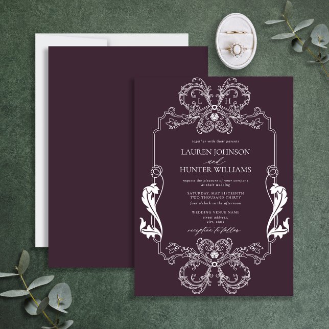 Invitation Orné Violet Floral Line Art Monogramme Mariage (Créateur téléchargé)