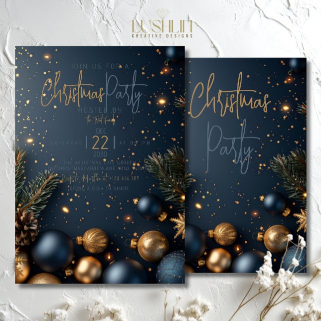 Invitation Ornement Bleu Or avec Verdure Fêtes de Noël (Créateur téléchargé)