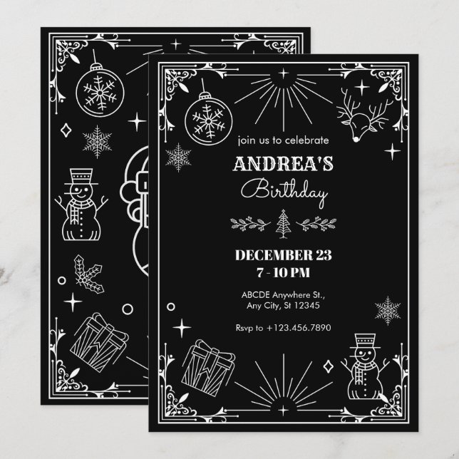 Invitation Ornement de Noël noir art déco (Devant / Derrière)
