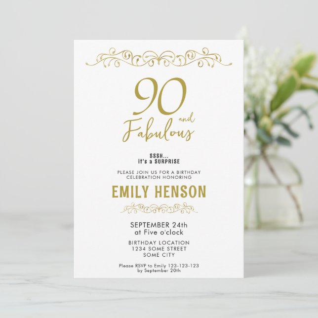 Invitation Ornement doré 90 ans et fabuleux pour 90e annivers (Debout devant)