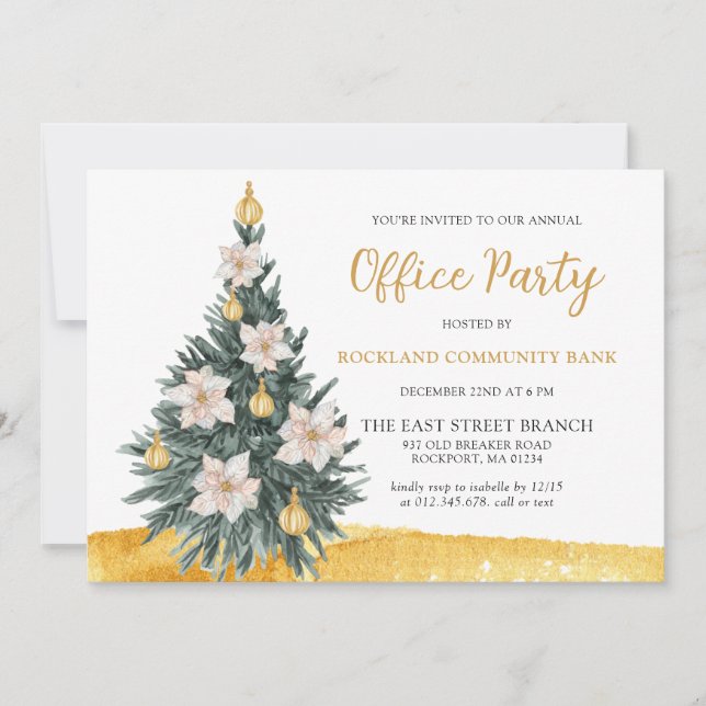 Invitation Ornement doré à fleurs blanches pour arbre de Noël (Devant)