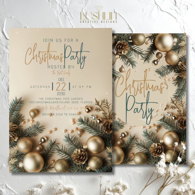 Invitation Ornement doré avec décoration de Noël aux feuillag (Créateur téléchargé)