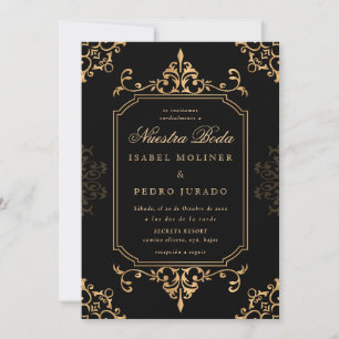 Invitation Ornement doré et noir vintage Nuestra Boda mariage