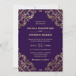 Invitation Ornement Élégant Cadre Doré sur Mariage Violet
