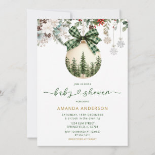Invitation Ornement Floral de Noël à carreaux verts Baby Show