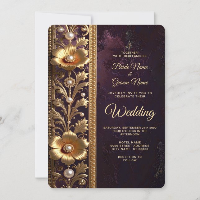 Invitation Ornement Floral Doré avec Perles de Mariage (Devant)