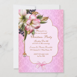 Invitation Ornement floral victorien en damas rose perlé