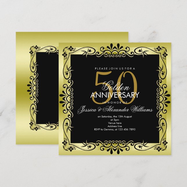 Invitation Ornement Romantique Doré Cadre pour 50 ans de Mari (Devant / Derrière)