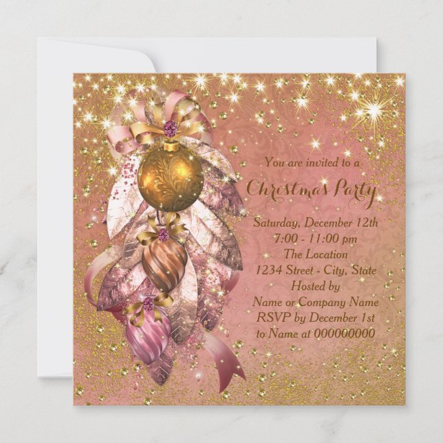 Invitation Ornement Rose et Or Fête de Noël (Devant)