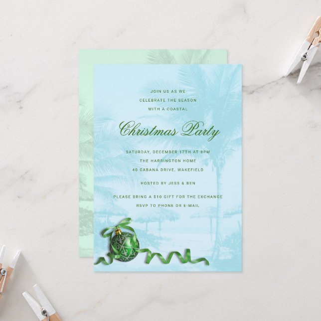 Invitation Ornement vert thème tropical pour fête de Noël ble (Devant/Arrière en situation)