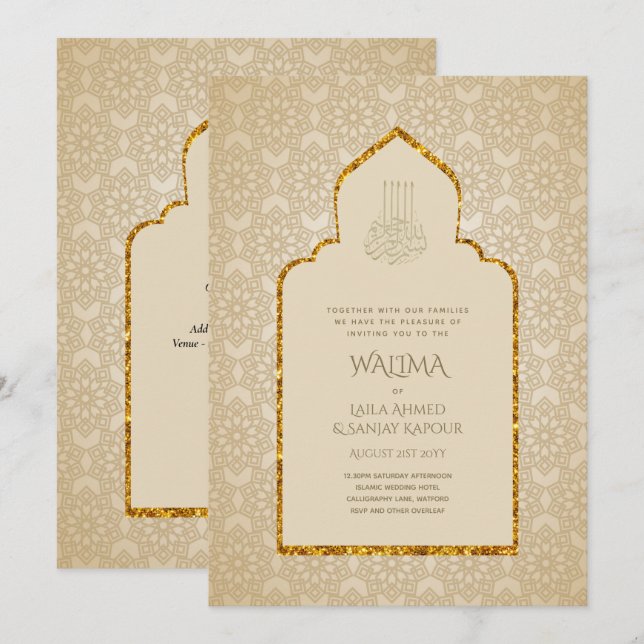 Invitation Ornemental bilingue WALIMA Nikah Mariage musulman (Devant / Derrière)