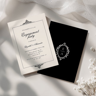 Invitation Ornementé ovale blason Old Money noir Engagement P