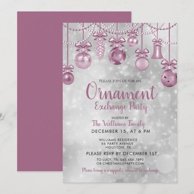Invitation Ornements à cordes Bokeh argenté Noël (Devant / Derrière)