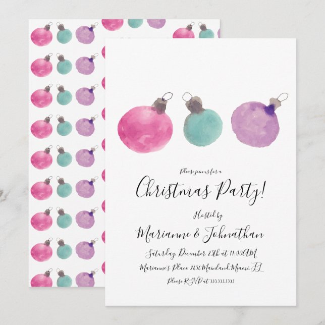 Invitation Ornements aquarelle pour fête de Noël peints à la  (Devant / Derrière)