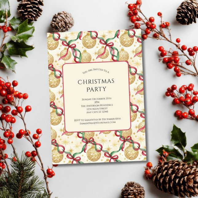Invitation Ornements arcs rouge or fête de Noël (Gold Red Green Ornaments Bows Coquette Christmas Party Invitation. Printed or Digital Download)